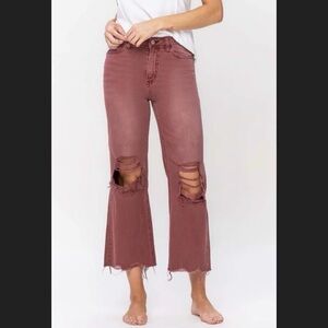 Women's Mauve Distressed Wide-Leg/Crop Jeans